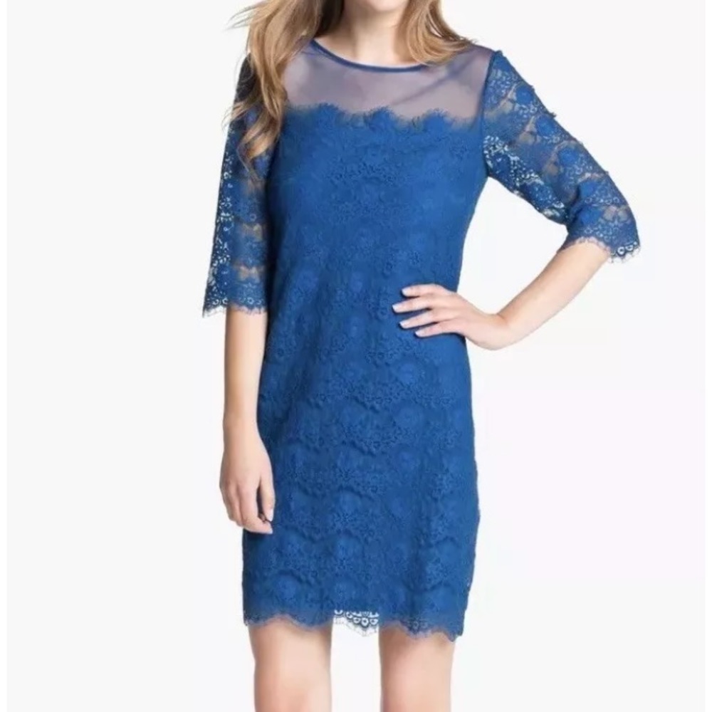 Max & Cleo Lillian Scallop Lace Blue Dress NWT